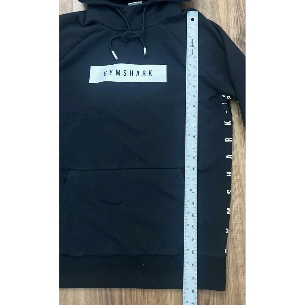 Gymshark Hoodie Mens Medium Black Tape Logo Spellout Sleeves Athletic Gym - Picture 9 of 11